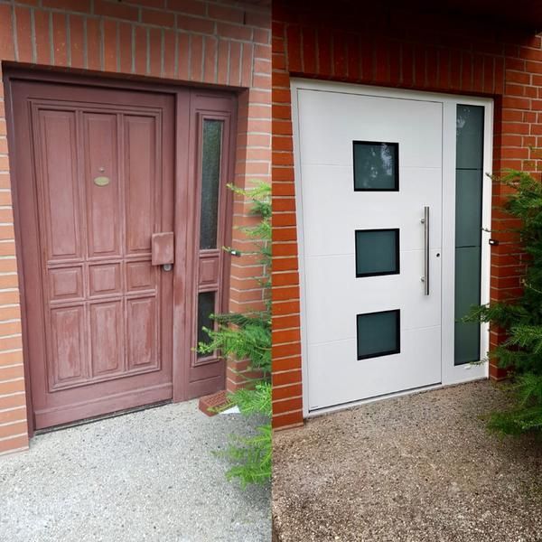 Ein Vorher-Nachher-Bild einer Tür an einem Backsteingebäude