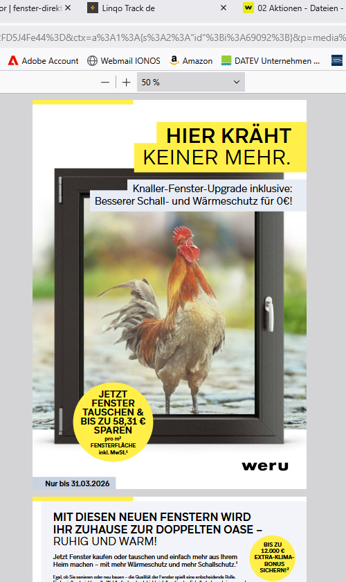 Werbung für Fenster mit einem Hahn im Fensterrahmen, der die Lärmreduzierung betont.
