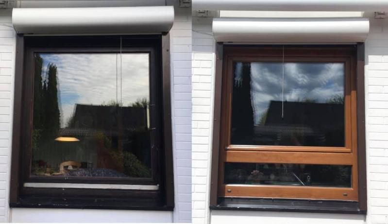 Ein Vorher-Nachher-Bild von zwei Fenstern an einem Backsteingebäude.