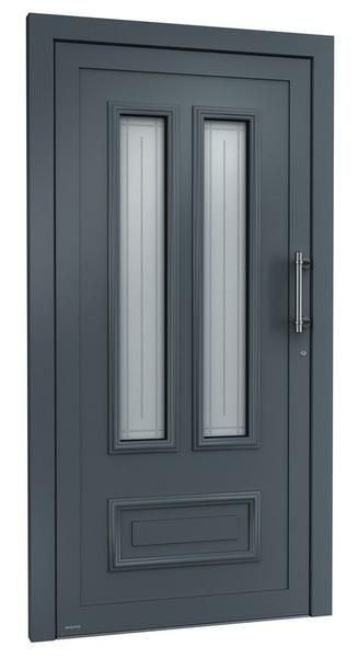 Eine graue Tür mit zwei Fenstern und einem Griff auf weißem Hintergrund.