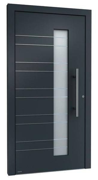 Eine schwarze Tür mit einem Edelstahlgriff auf weißem Hintergrund.