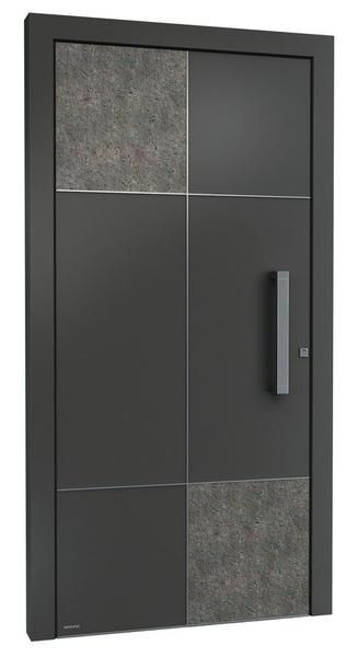 Eine schwarze Tür mit einem Griff auf weißem Hintergrund.