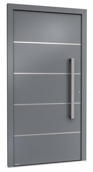 Eine graue Tür mit einem silbernen Griff auf weißem Hintergrund