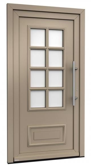 Eine Tür mit quadratischen Fenstern und einem Griff auf weißem Hintergrund.