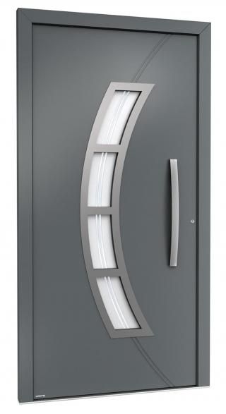 Eine graue Tür mit geschwungenem Design und einem Griff auf weißem Hintergrund.