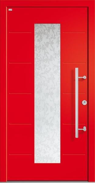 Eine rote Tür mit einem Edelstahlgriff