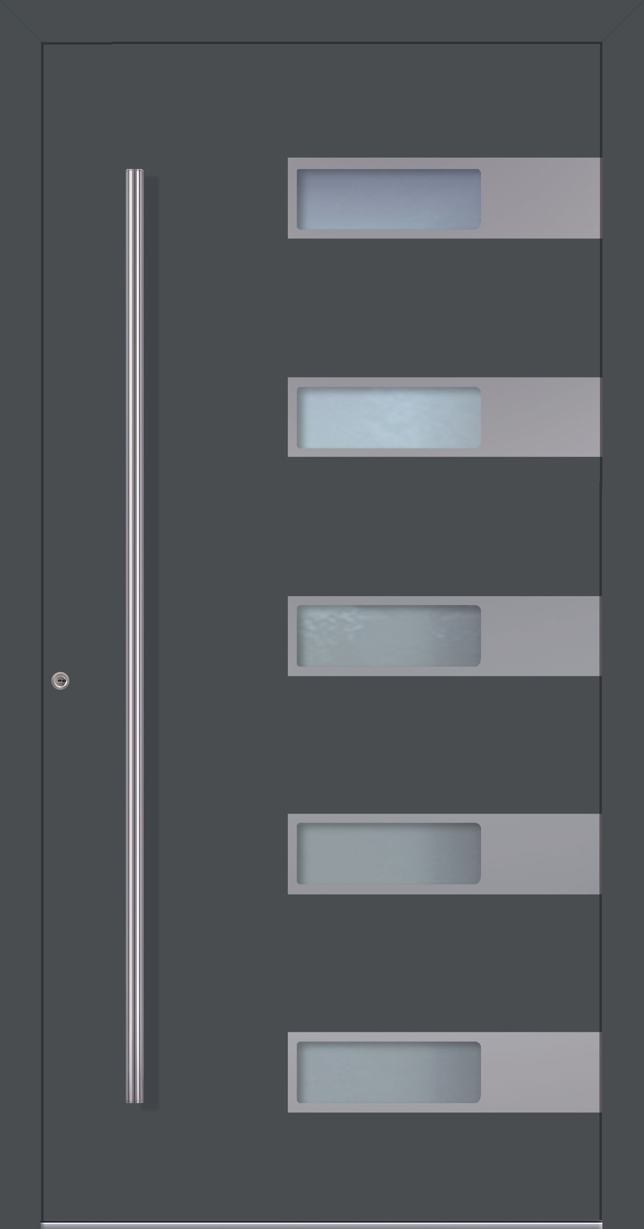 Dunkelgraue, moderne Haustür mit fünf rechteckigen Milchglasplatten und einem vertikalen Griff.