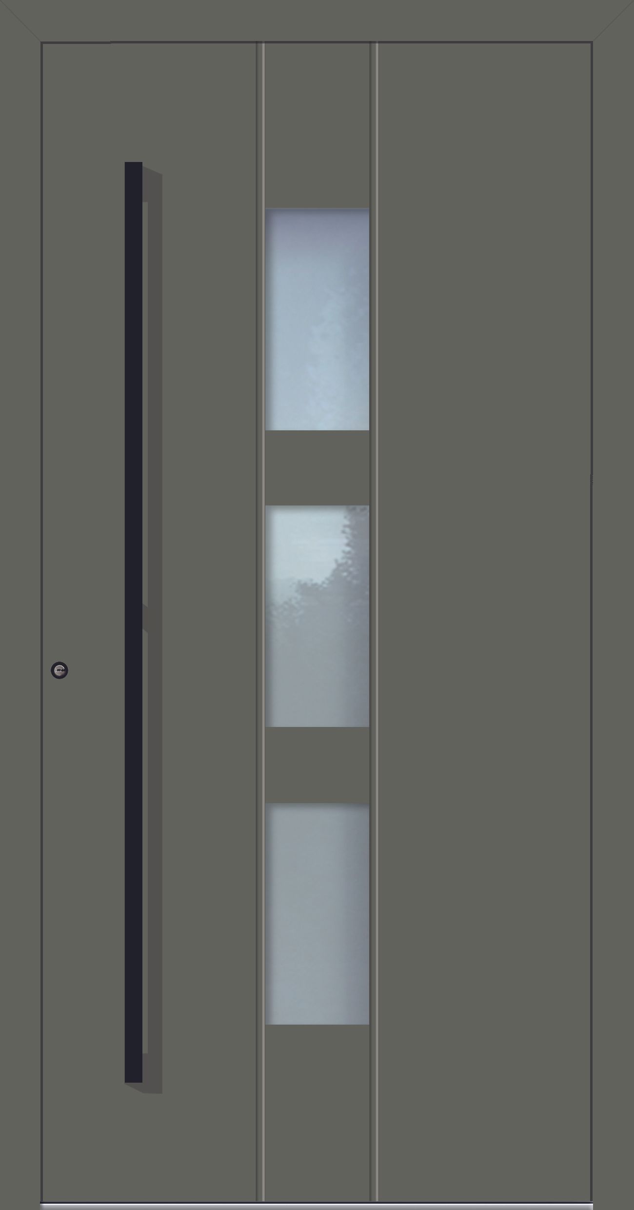 Graue, moderne Eingangstür mit langem, schwarzem Griff und drei Milchglasplatten.