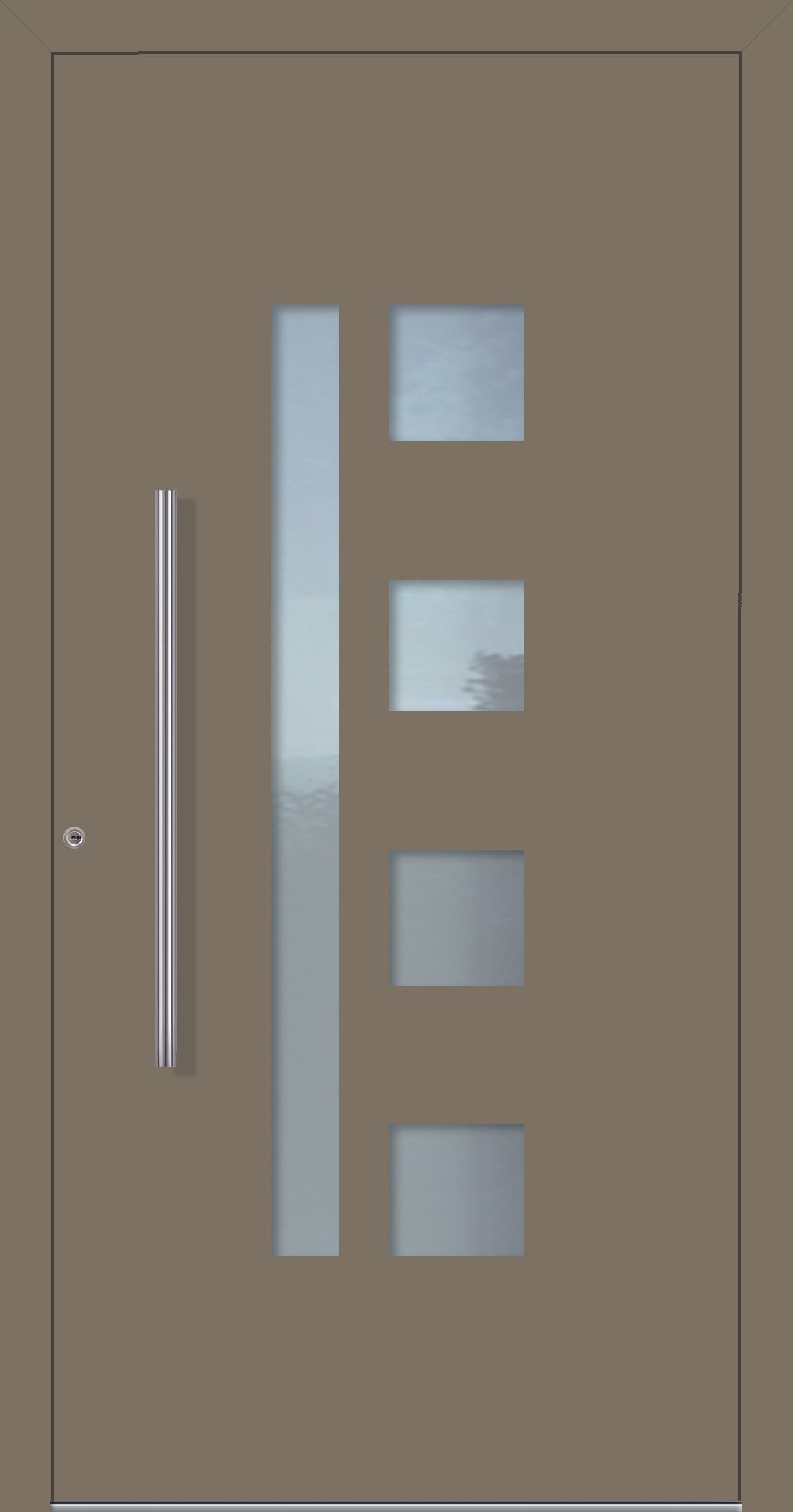 Braune Haustür mit senkrechter Glasplatte und drei quadratischen Glasscheiben, silberner Griff.