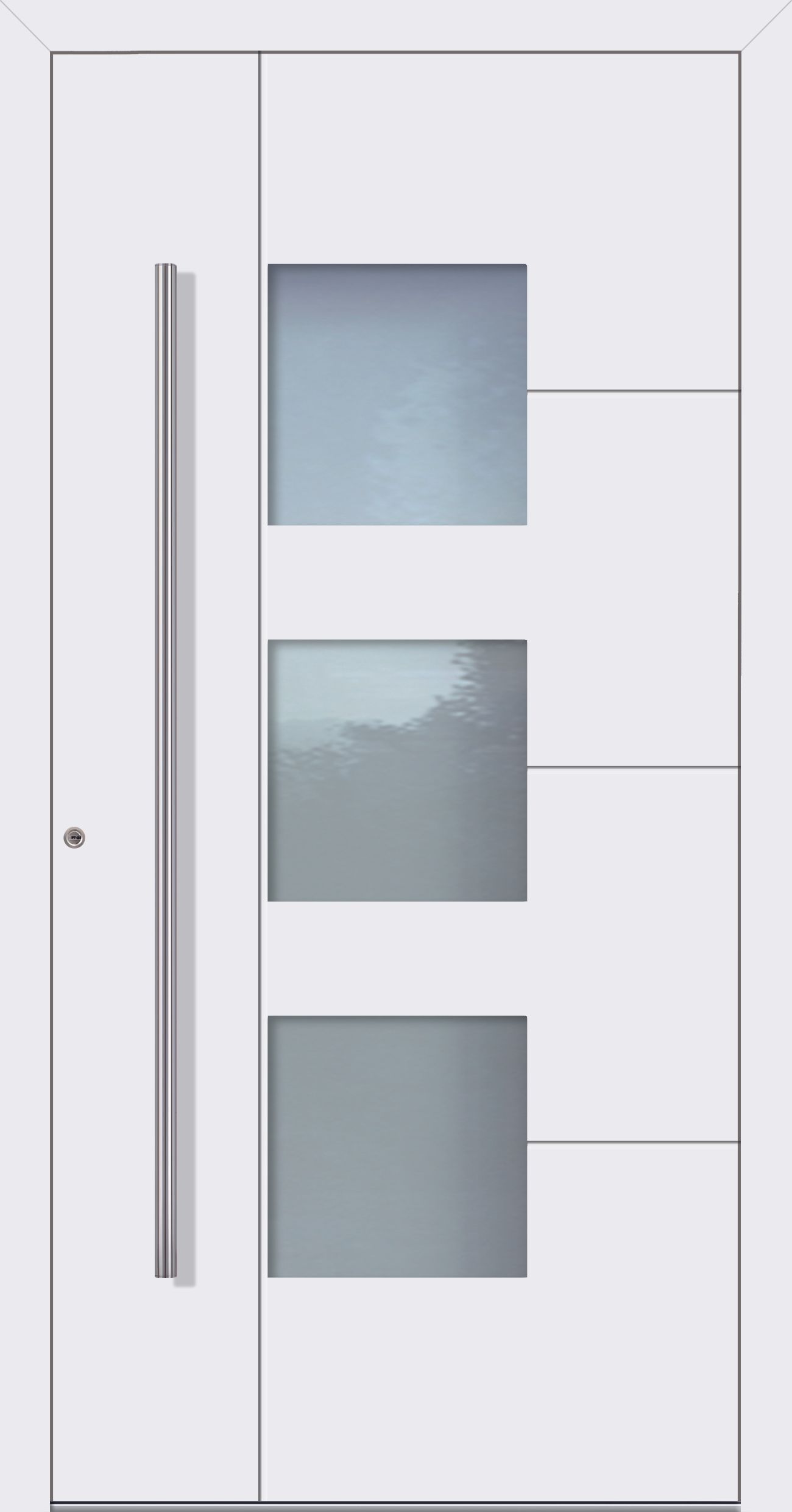 Weiße Vordertür mit drei Milchglasplatten und einem langen silbernen Griff.