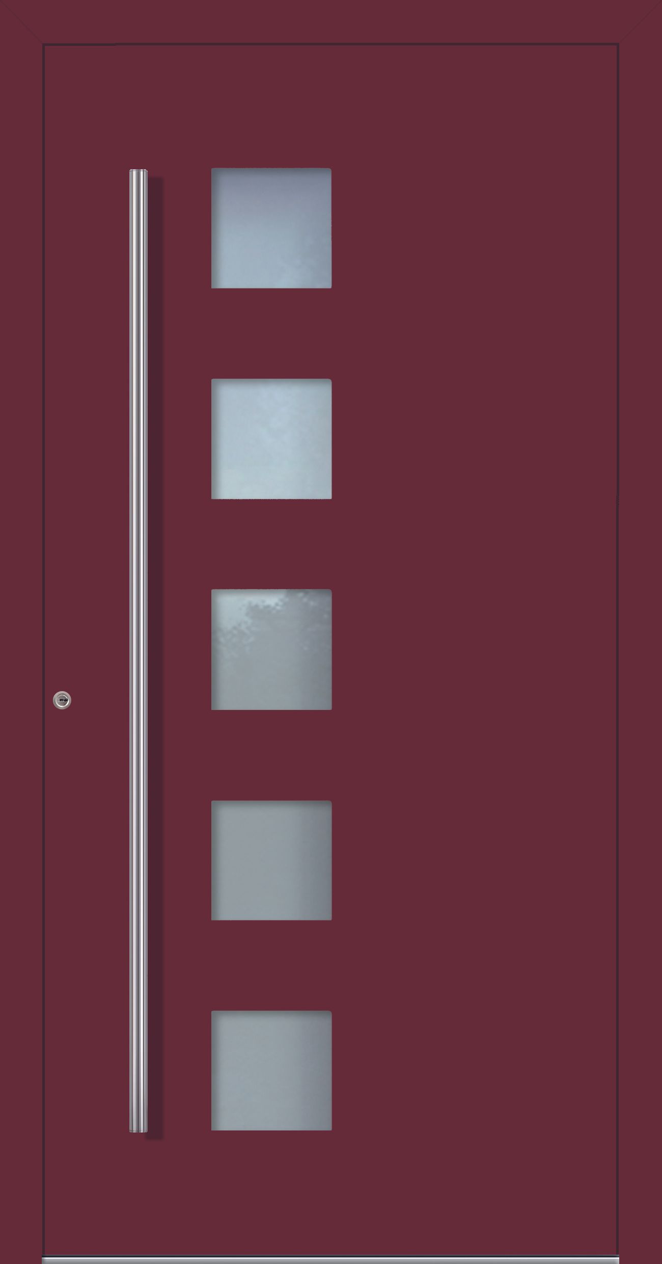 Burgunderfarbene Haustür mit vertikalem silbernen Griff und fünf quadratischen Milchglasplatten.