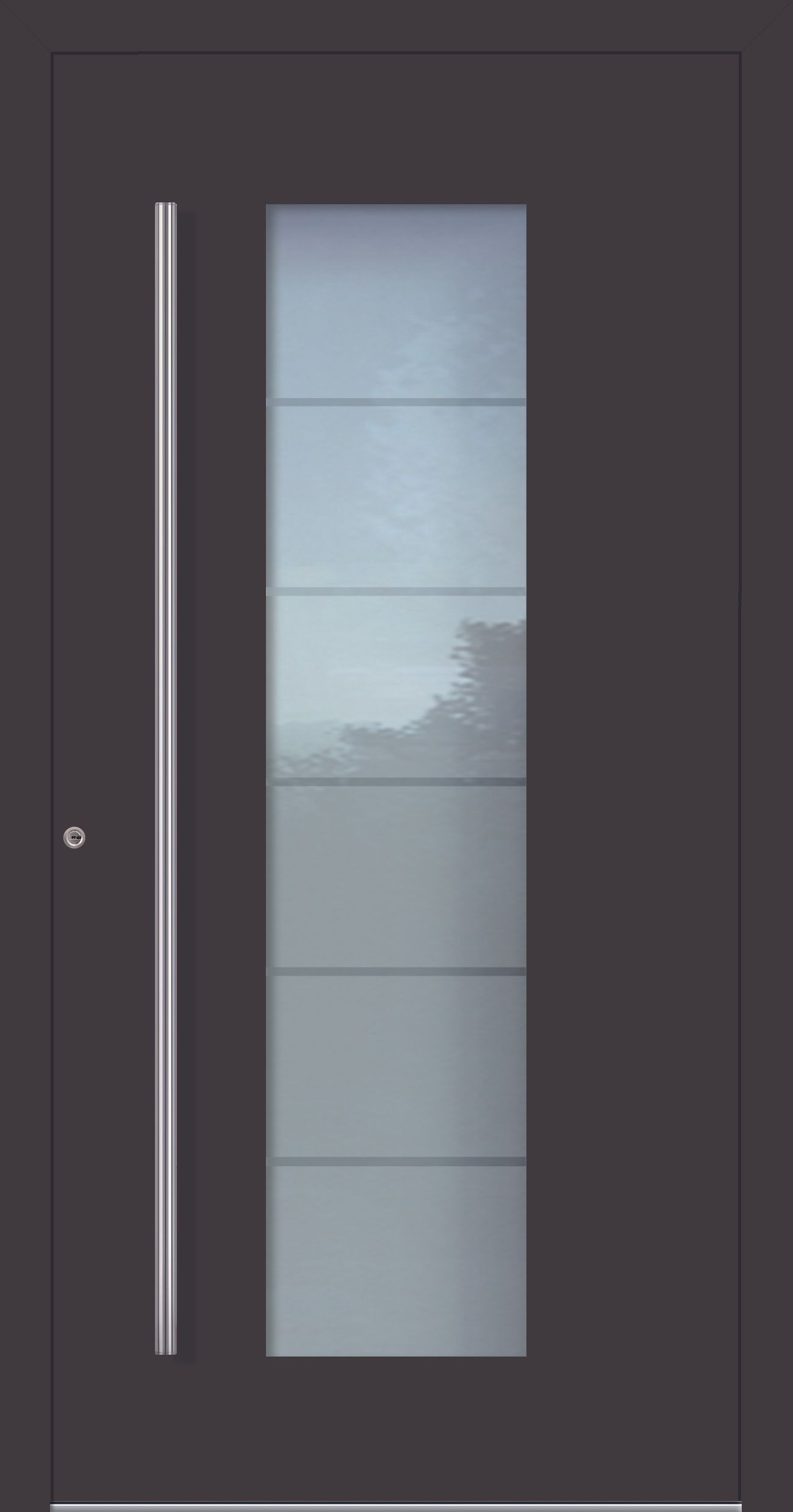 Graue Vordertür mit hoher Glasplatte, silbernem Griff und Schloss.