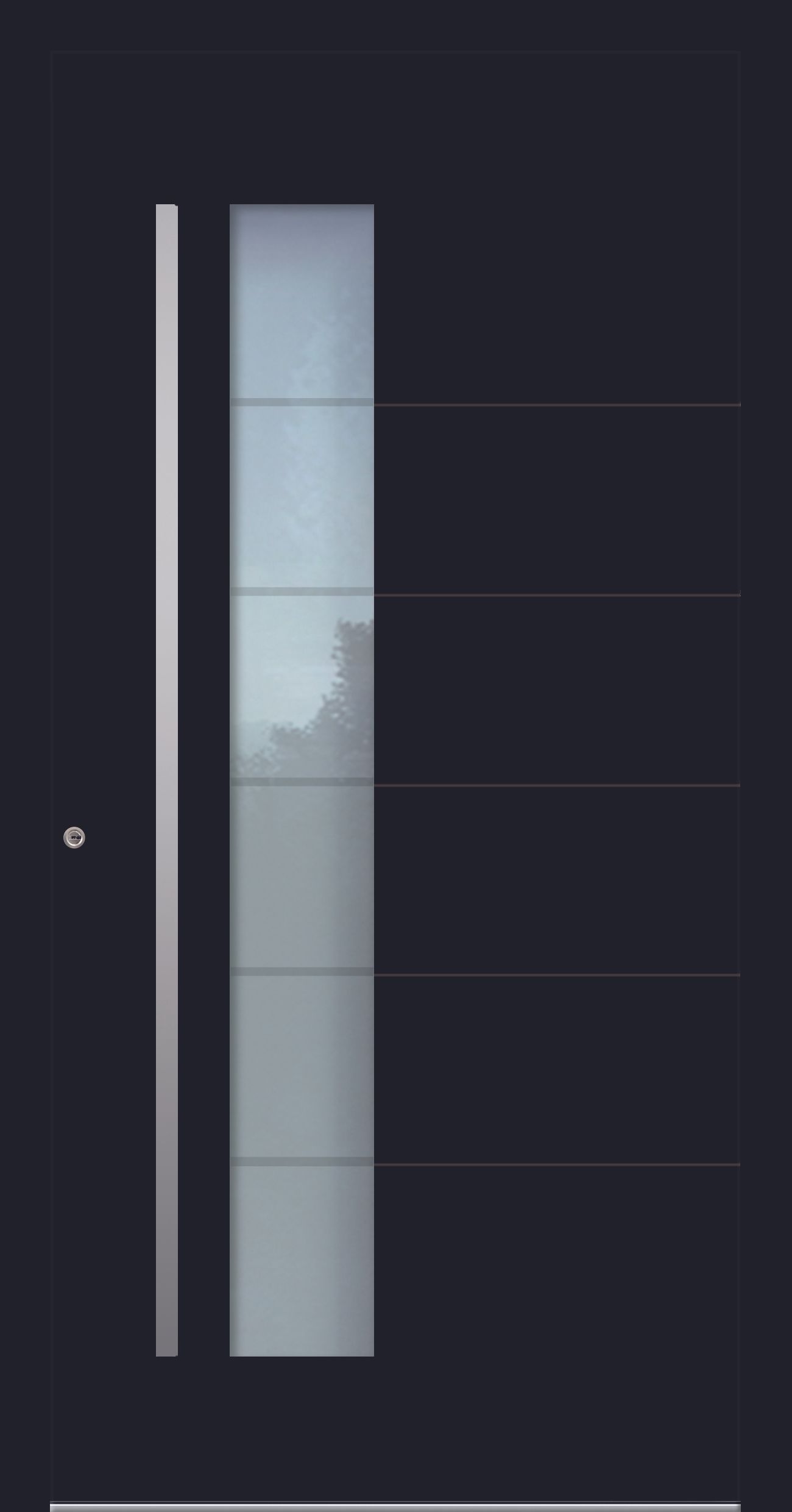 Dunkelblaue Außentür mit vertikaler Milchglasscheibe und silbernem Griff.