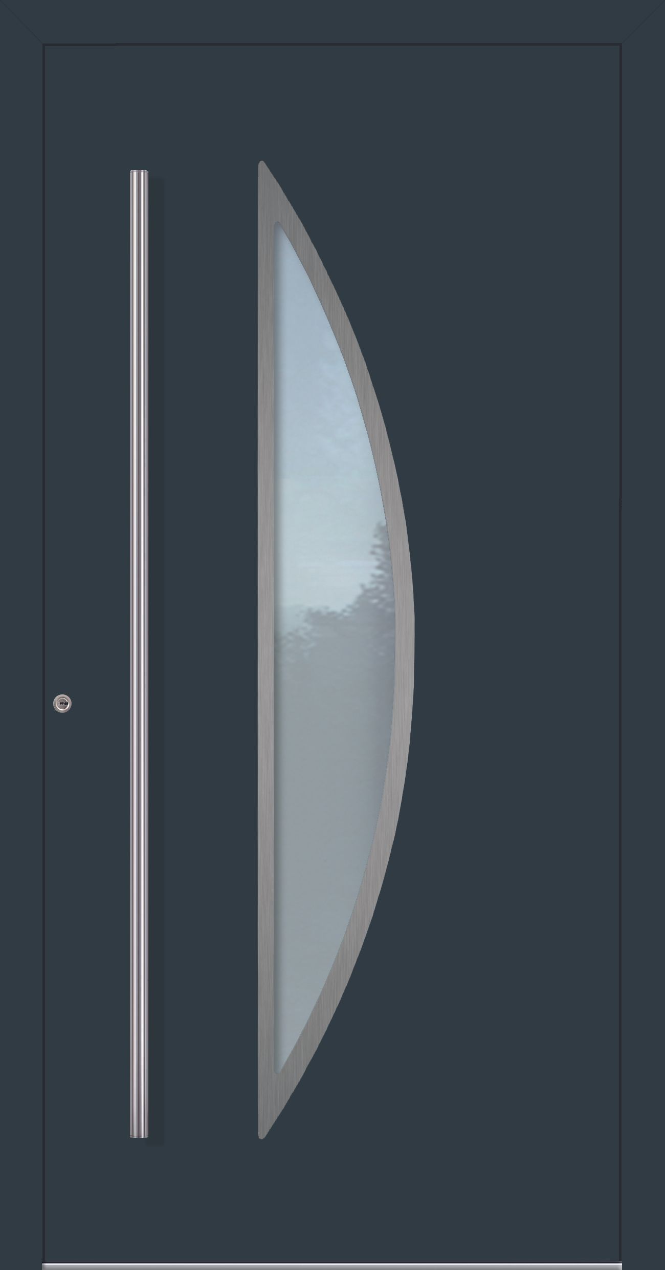 Graue Vordertür mit gebogener Glasplatte und langem vertikalen Griff.