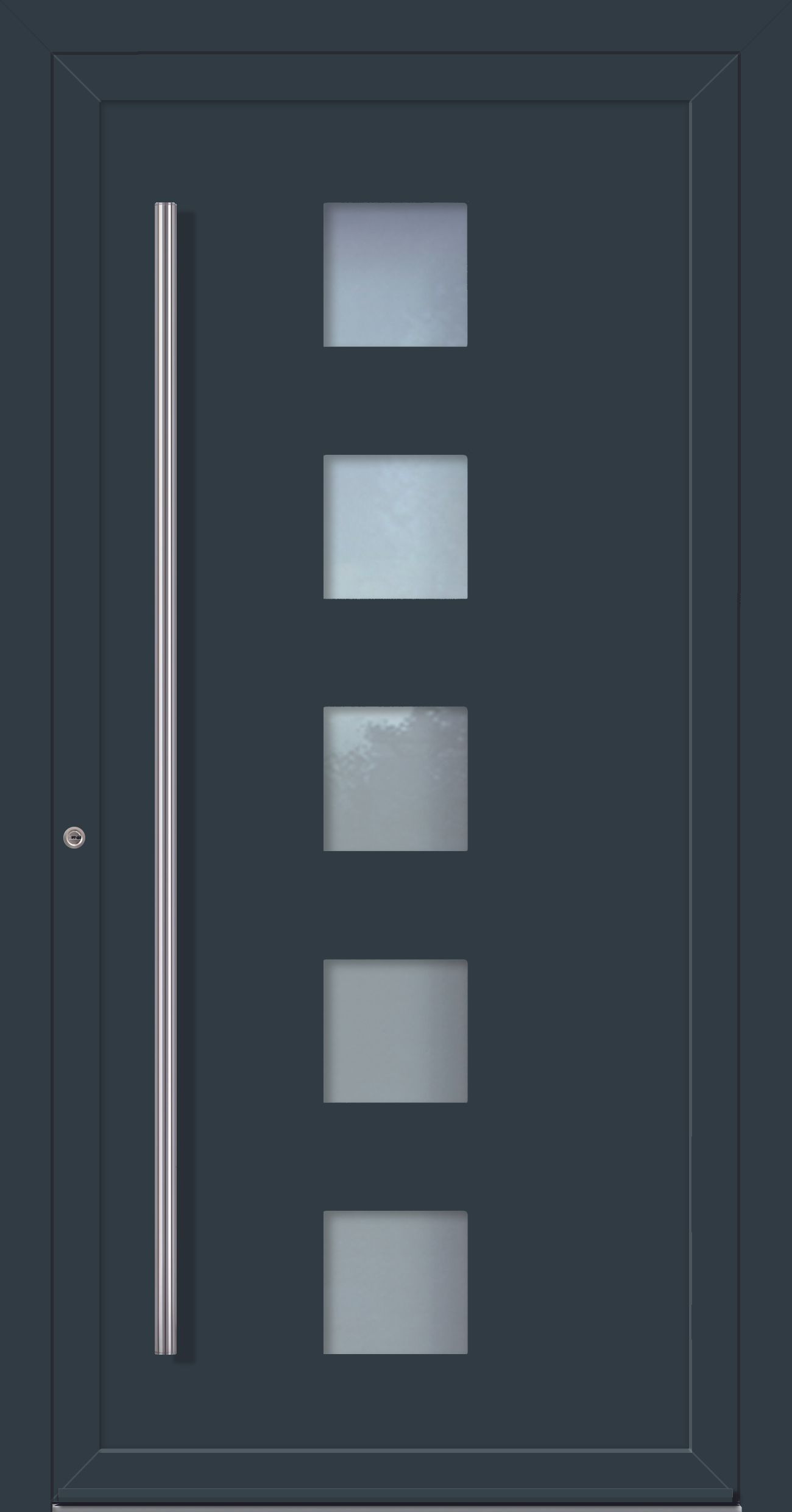 Dunkelblaue, moderne Haustür mit vertikalem Griff und fünf quadratischen Milchglasplatten.