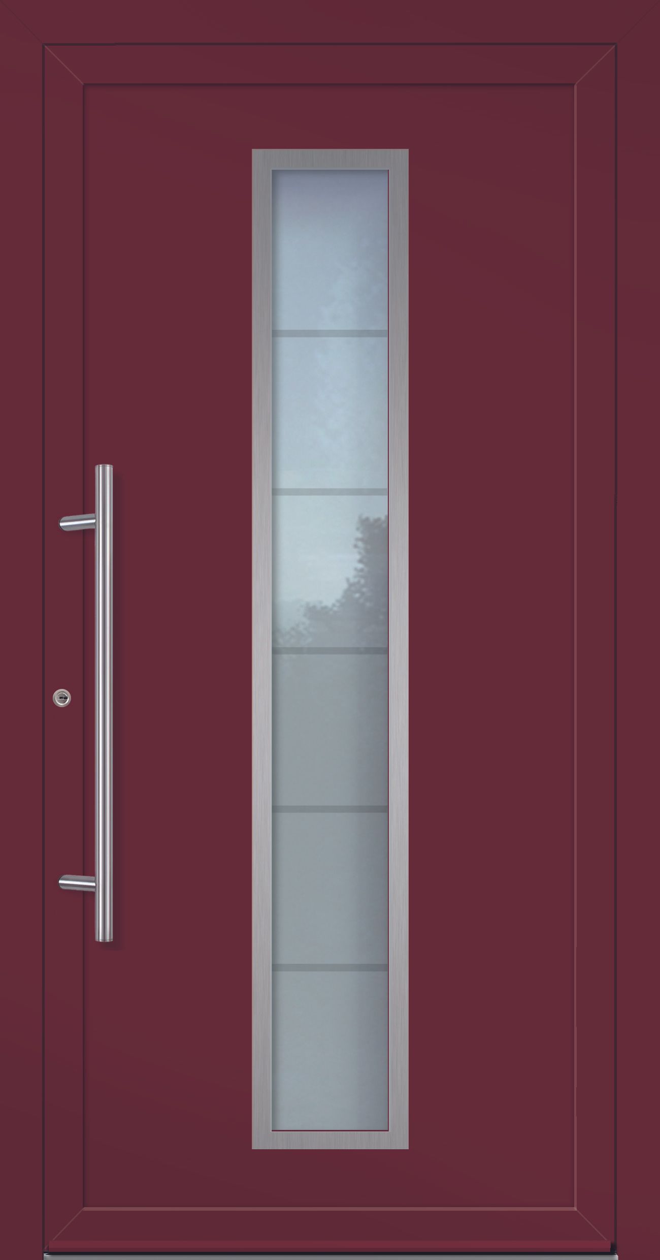 Burgunderfarbene Haustür mit hohem, rechteckigem Glaspaneel und silbernem Griff.