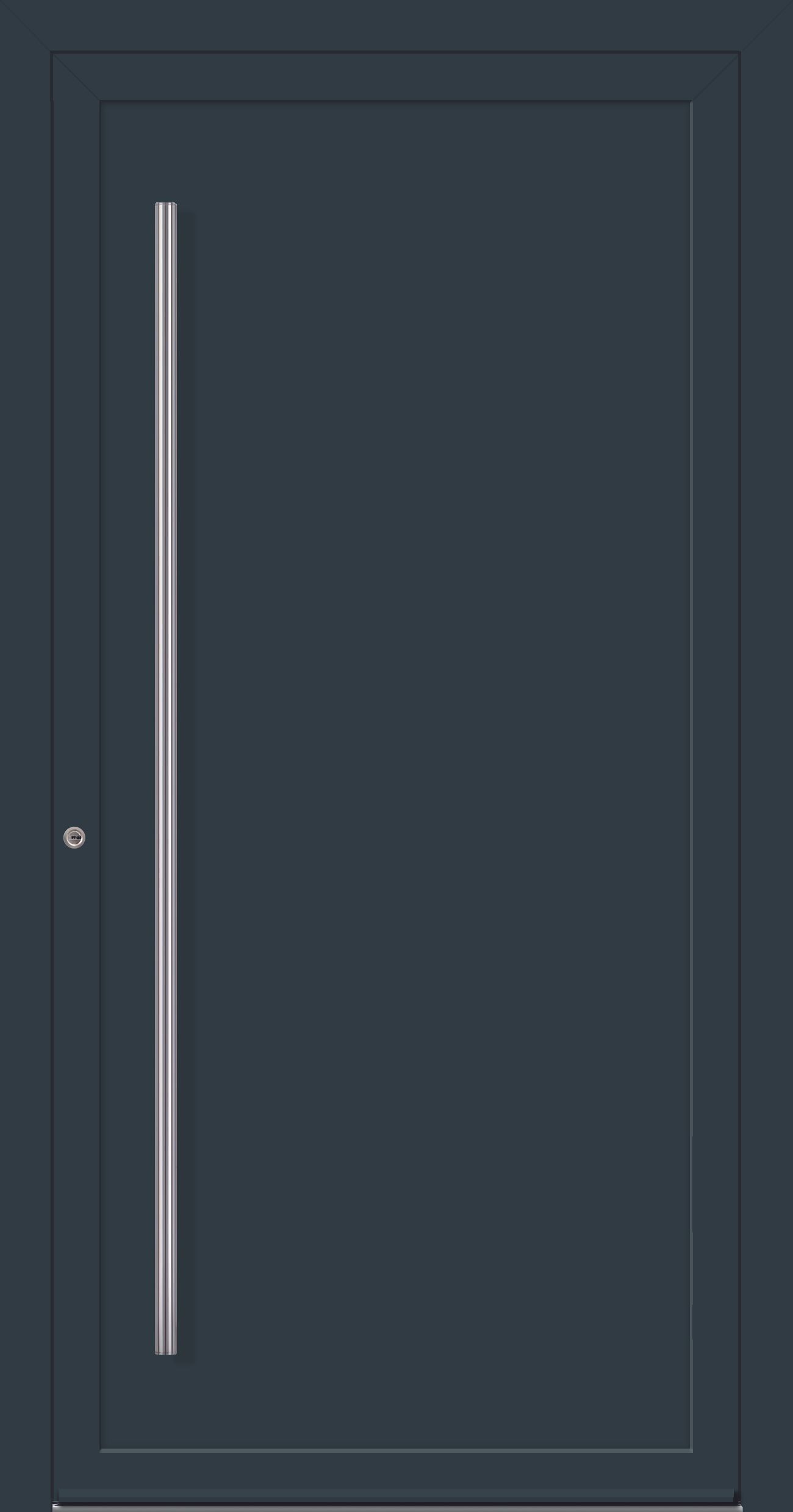 Dunkelblaue moderne Tür mit einem vertikalen silbernen Griff.