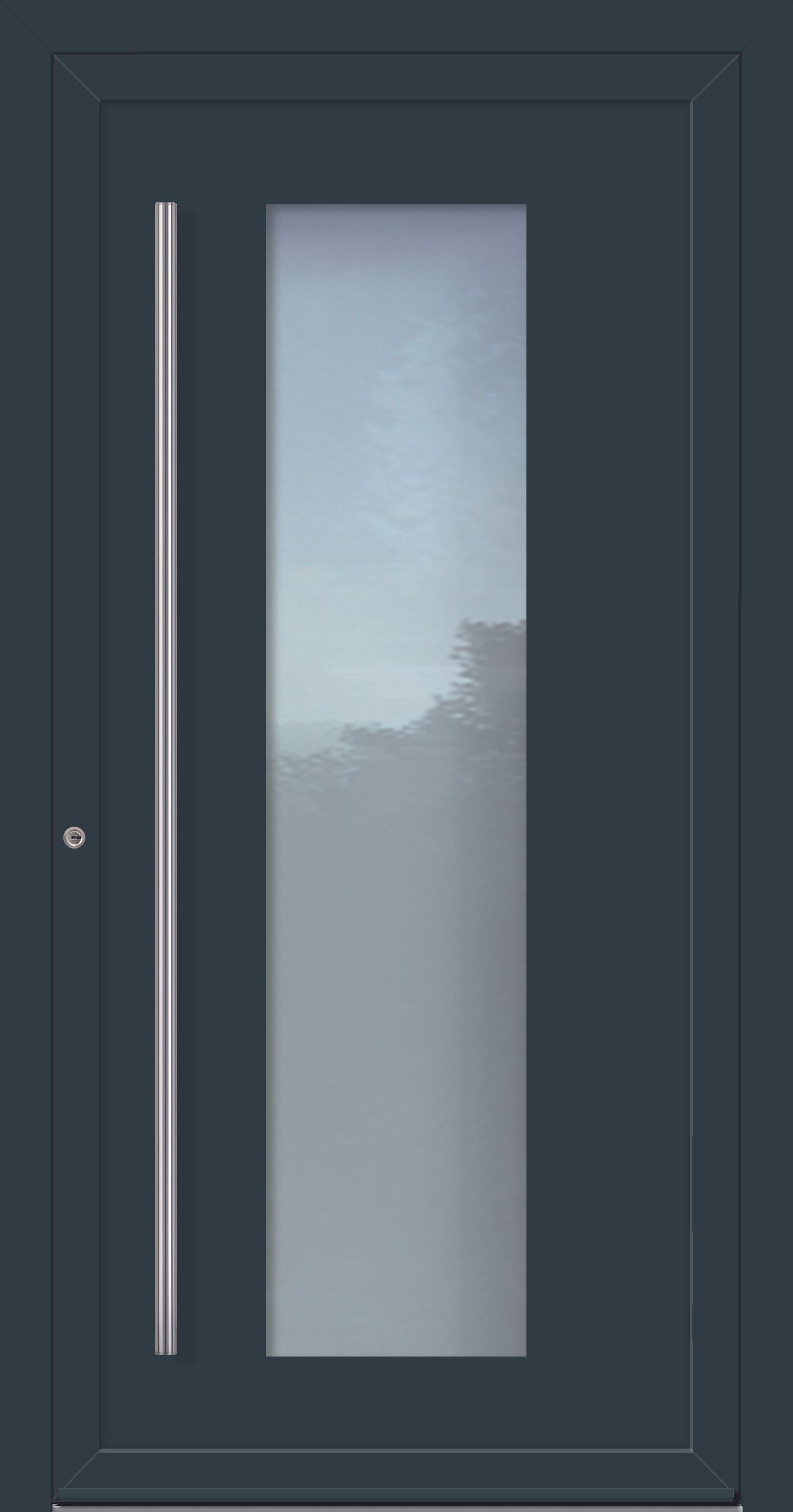 Dunkelblaue, moderne Haustür mit Milchglasscheibe und silbernem Griff.