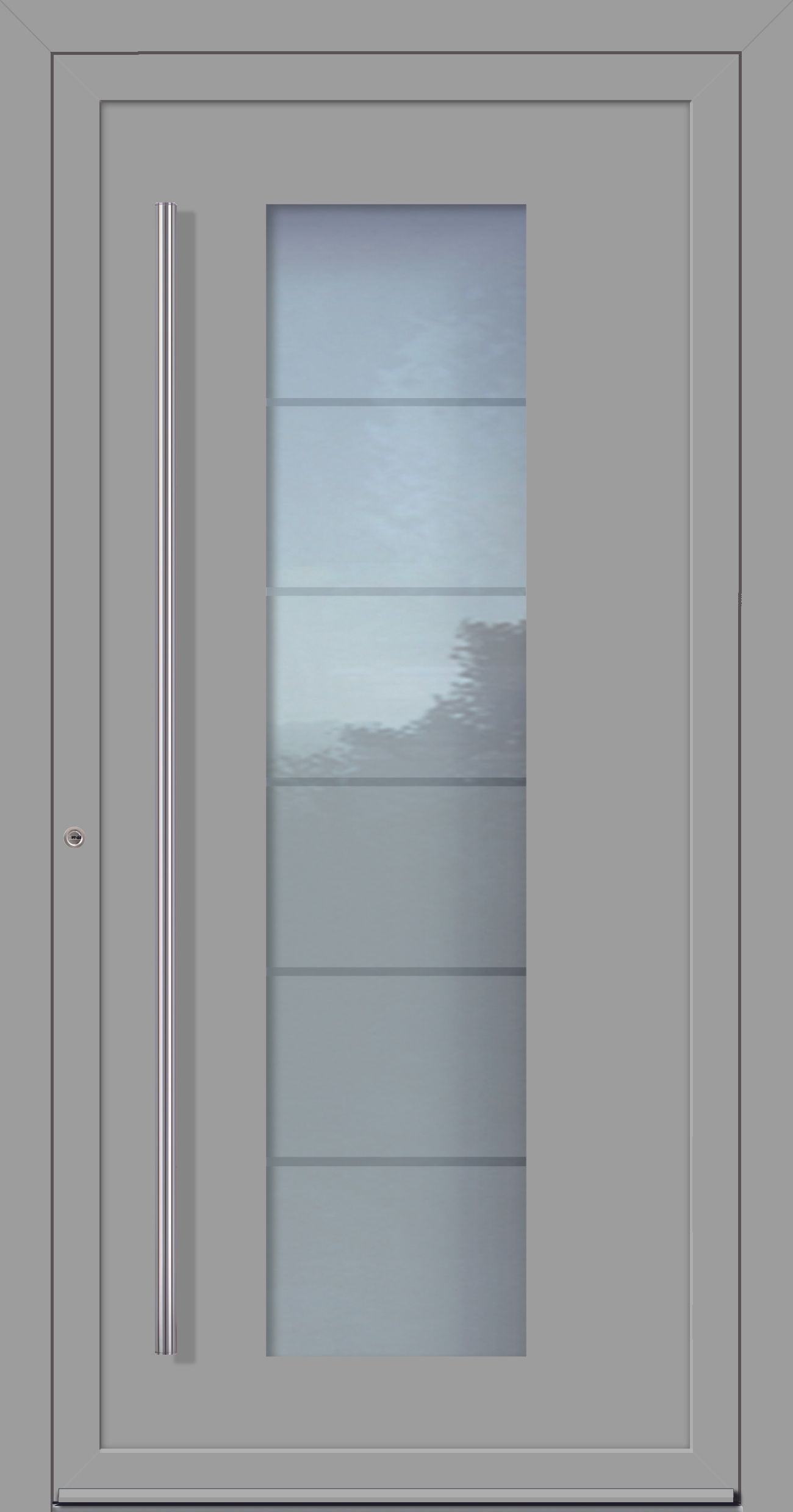 Graue Außentür mit rechteckiger Milchglasscheibe, vertikalem Griff und modernem Design.