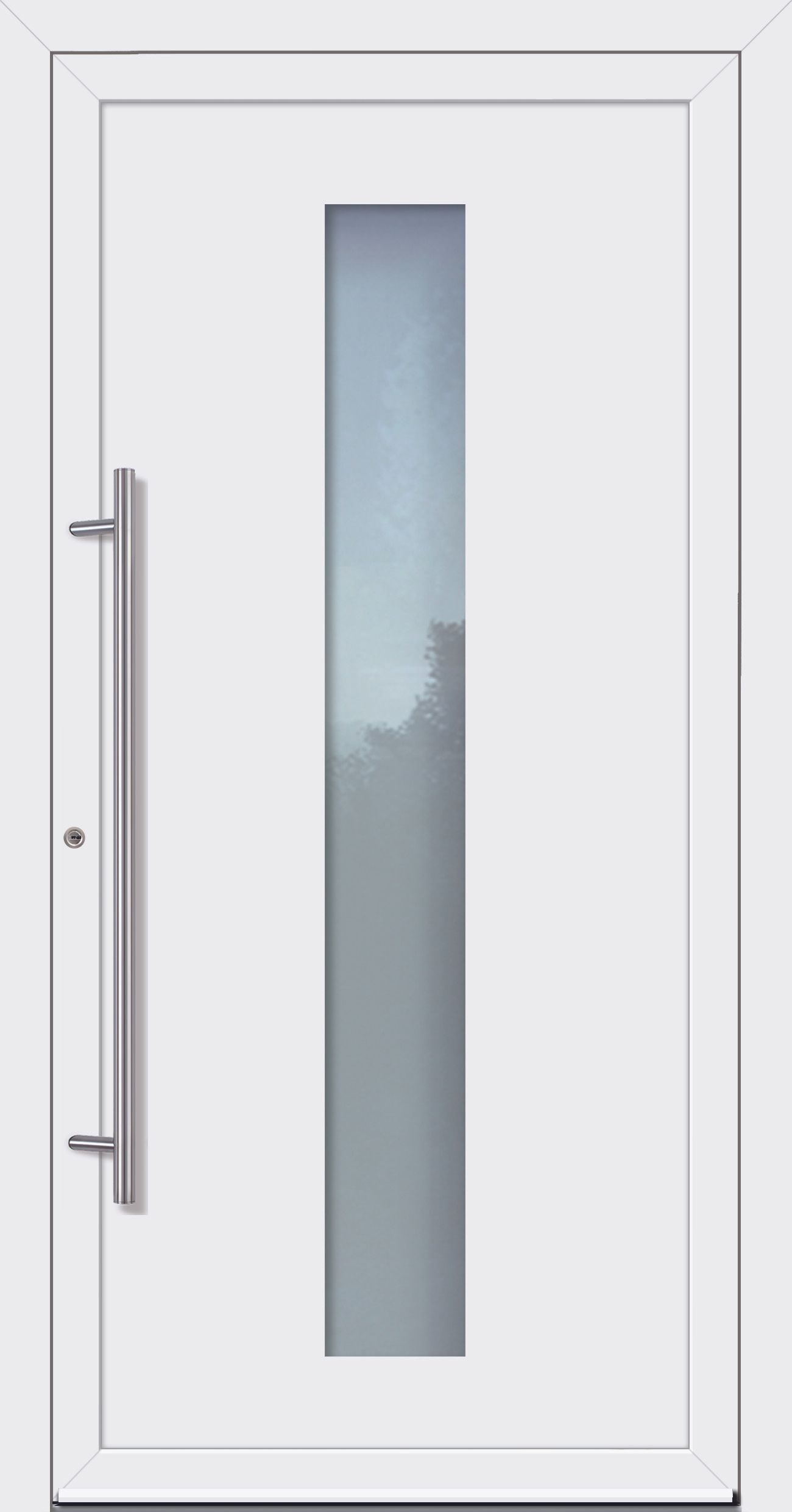 Weiße Vordertür mit hoher Milchglasscheibe, silberner Griff.