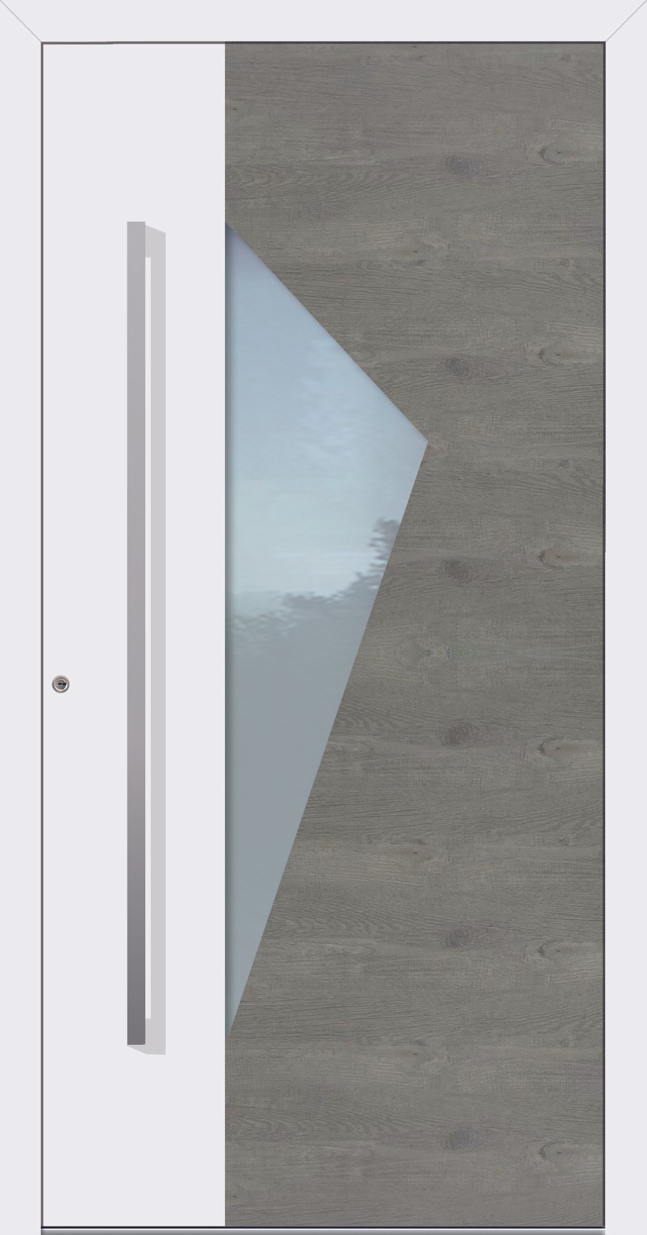 Weiße Haustür mit einer geometrischen Glasscheibe vor einem strukturierten grauen Hintergrund und einem silbernen Griff.