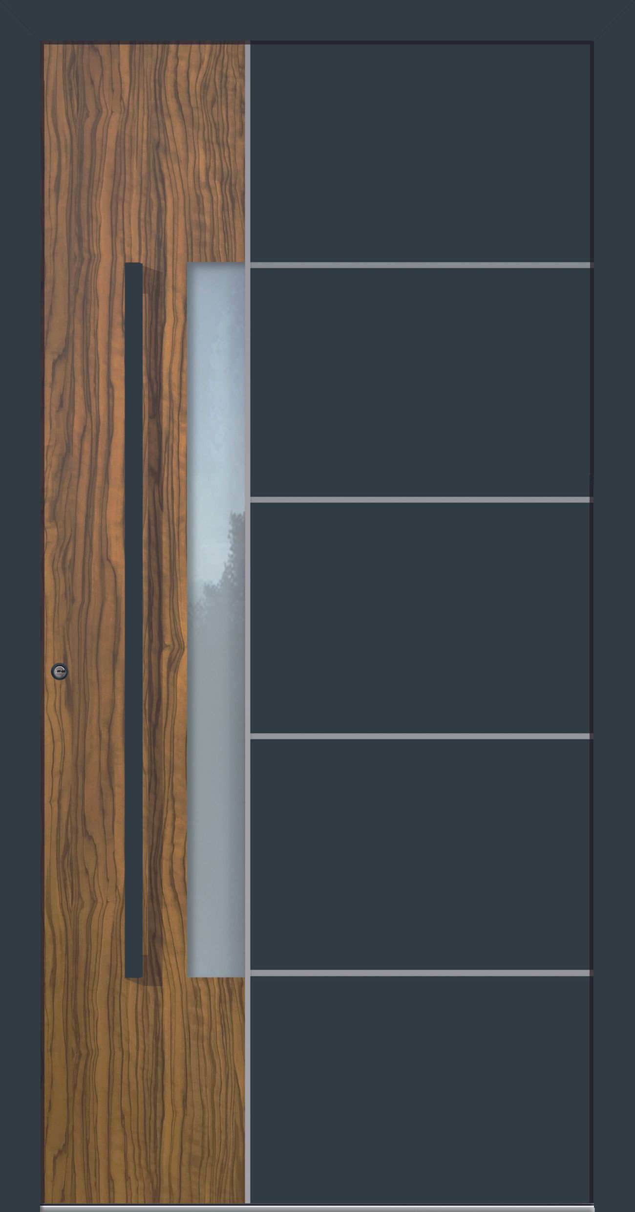 Moderne Außentür mit Holzpaneel, Milchglas und grauen Rillenpaneelen.