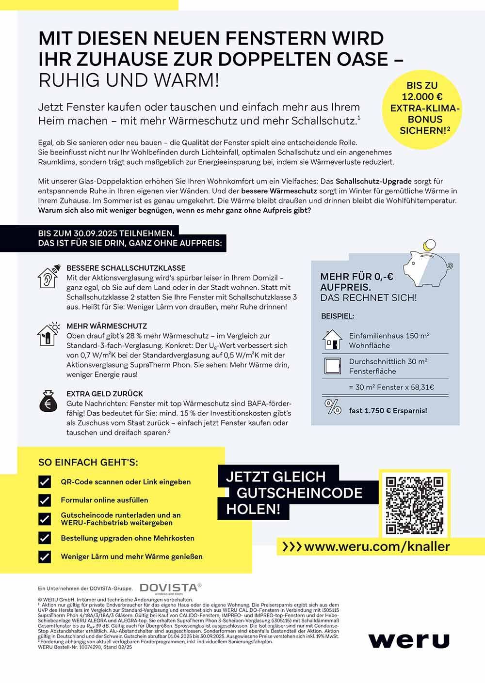 Werbung für neue Fenster. Text: „Ihr Zuhause wird zur doppelten Oase – ruhig und warm.“ Inklusive QR-Code.