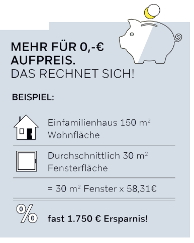 Anzeige: Sparbeispiel für ein Haus. Zeigt ein Sparschwein, eine Hausillustration und eine Fensterillustration.