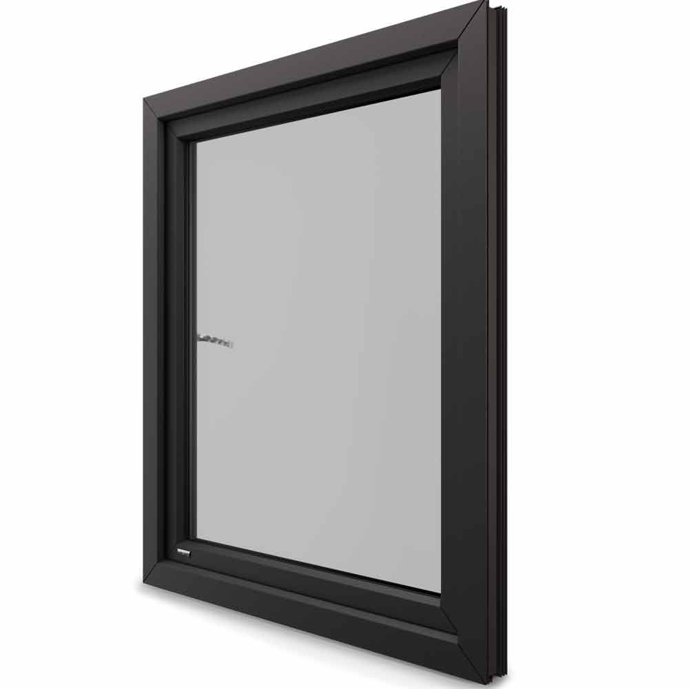 Schwarz gerahmtes Fenster, schräg betrachtet, mit grauem Glas und einem Griff.