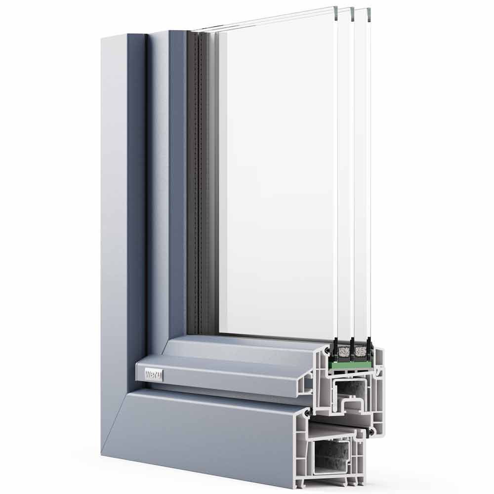 Querschnitt eines grauen Fensterrahmens, der Glasscheiben und Details der inneren Struktur zeigt.