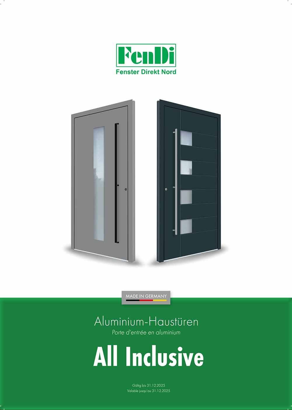 Katalogcover mit zwei Aluminiumtüren, grünem Logo und Titel „All Inclusive“.