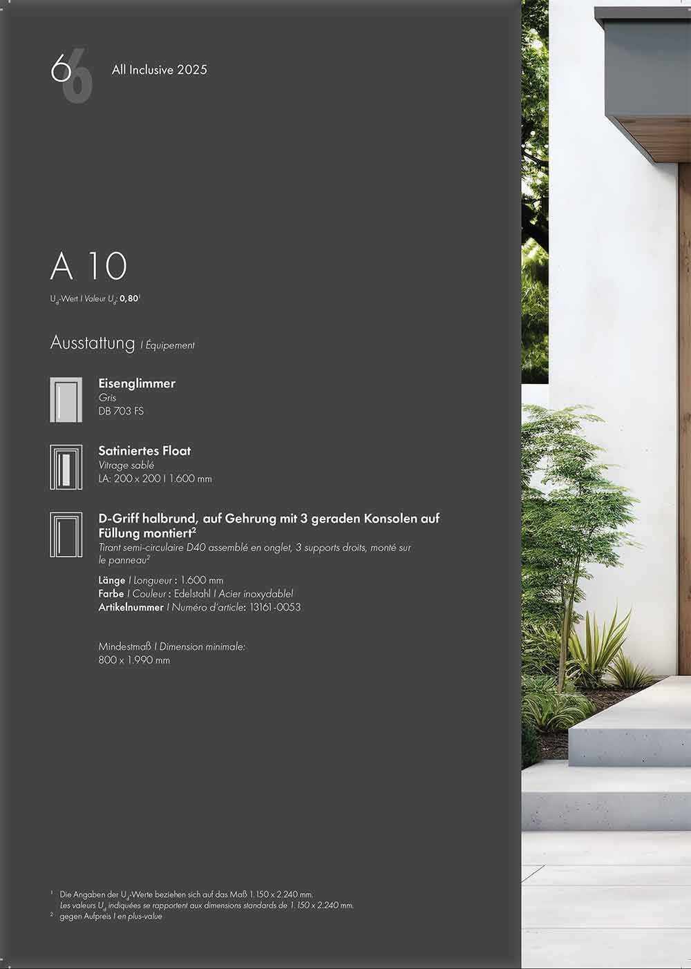 Seite aus einem Katalog mit modernem Türdesign, grauem Hintergrund und Produktdetails.