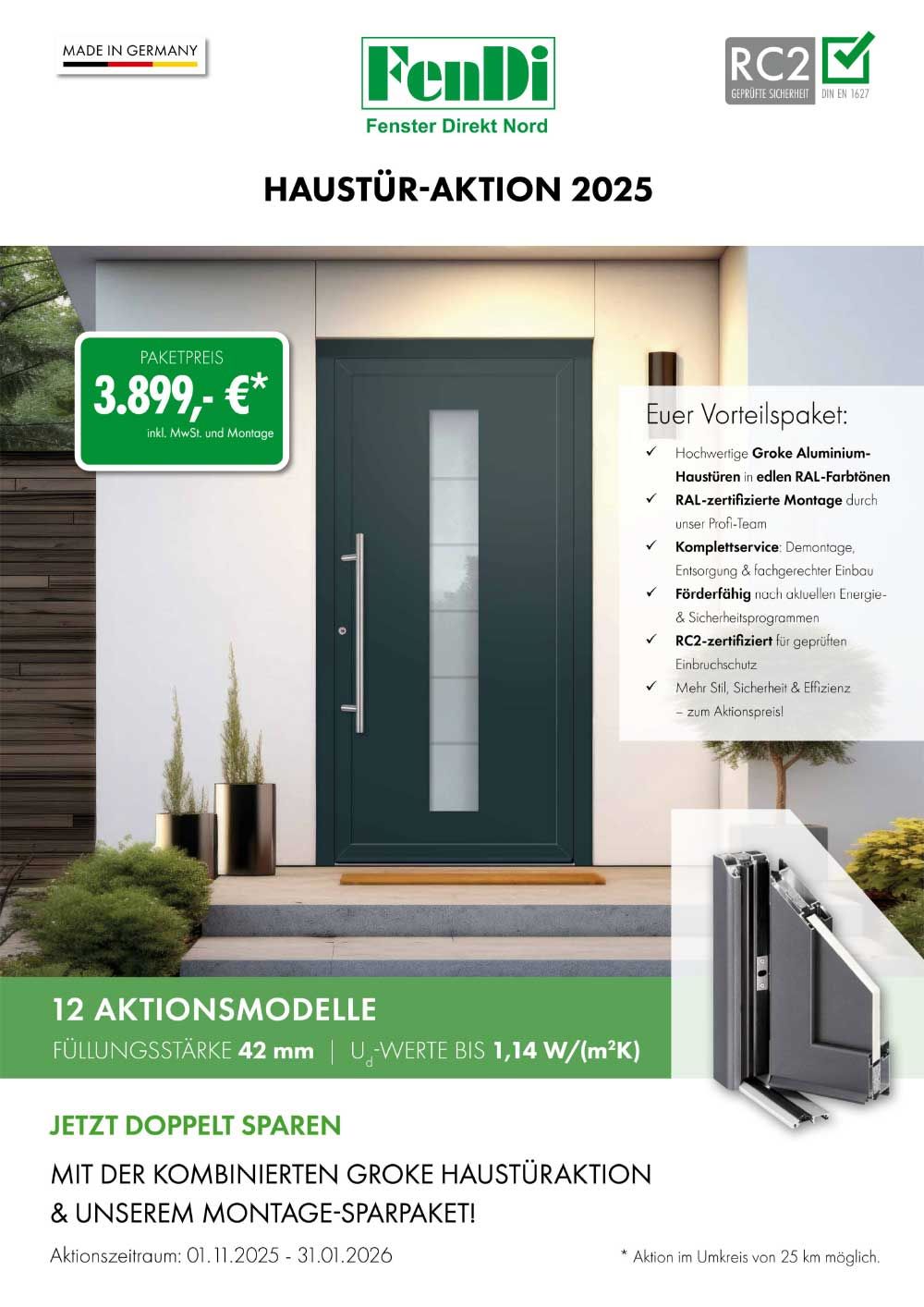 A promotional flyer for FenDi HausTür-Aktion 2025 featuring a green front door and sale information.