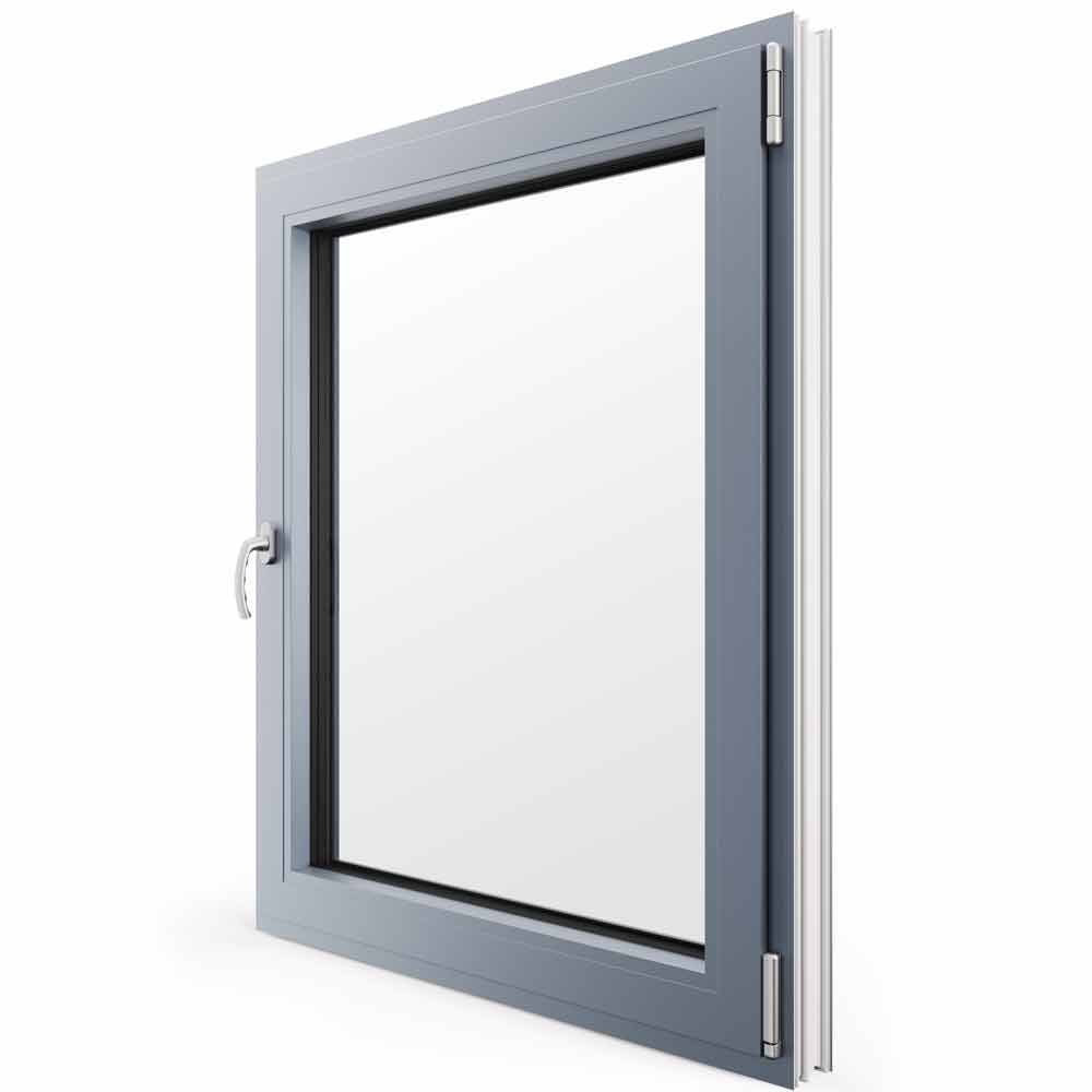 Graues, rechteckiges Fenster mit Scharnieren, Griff und einer klaren Glasscheibe vor weißem Hintergrund.