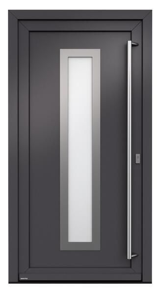 Eine schwarze Tür mit einem Edelstahlgriff