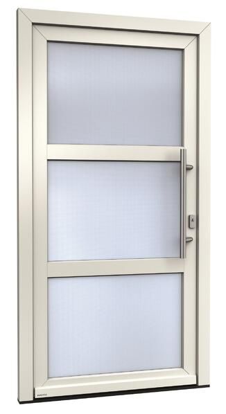 Eine weiße Tür mit drei Fenstern und einem Griff auf weißem Hintergrund.