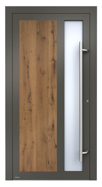 Eine Tür mit einer Holzplatte und einem Glasfenster.