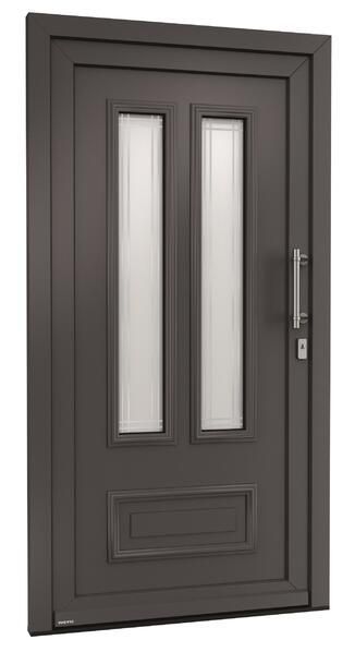 Eine schwarze Tür mit zwei Fenstern und einem Griff auf weißem Hintergrund.