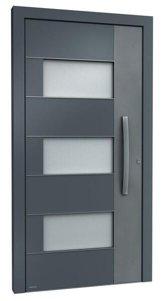 Eine graue Tür mit drei Fenstern und einem Griff auf weißem Hintergrund.