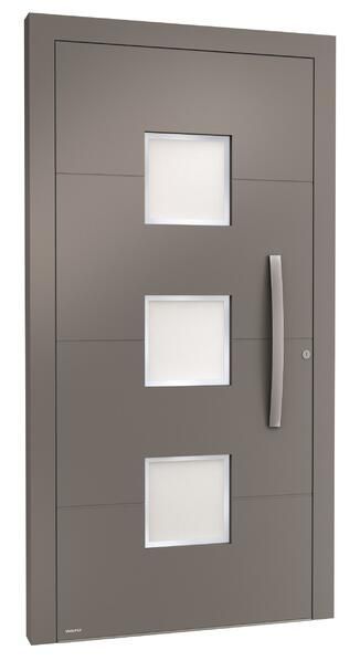 Eine graue Tür mit drei quadratischen Fenstern und einem Griff auf weißem Hintergrund.