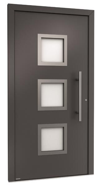 Eine schwarze Tür mit drei quadratischen Fenstern und einem Griff auf weißem Hintergrund.