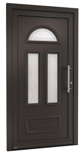 Eine schwarze Tür mit zwei Fenstern und einem Griff auf weißem Hintergrund.