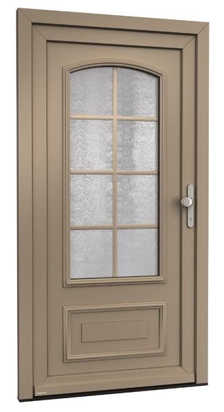 Eine Tür mit einem Glasfenster auf weißem Hintergrund.