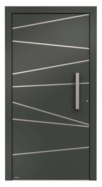 Eine graue Tür mit einem Griff und einem Muster darauf