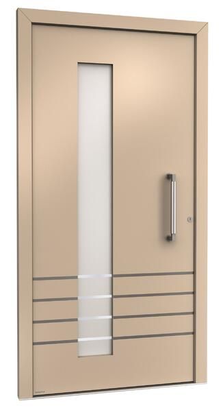 Eine beige Tür mit Griff und Fenster