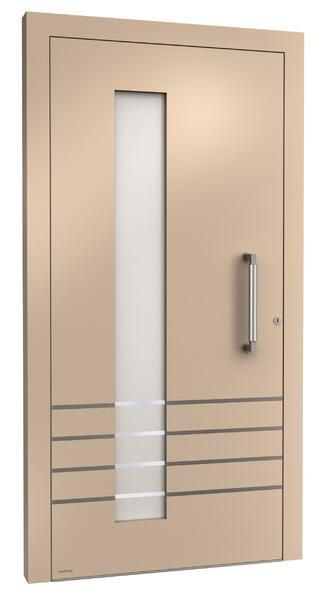 Eine beige Tür mit Griff und Glasfenster