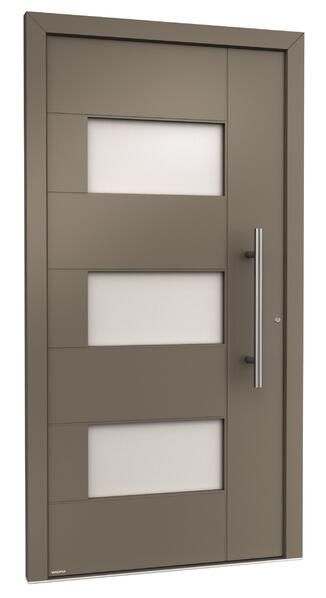 Eine Tür mit drei Fenstern und einem Griff auf weißem Hintergrund.