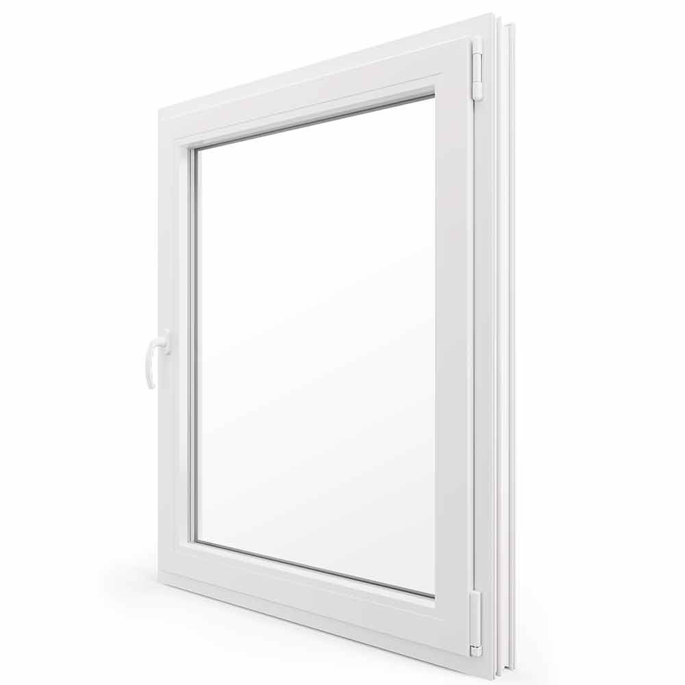 Weißes, rechteckiges Fenster mit geschlossener, klarer Glasscheibe.