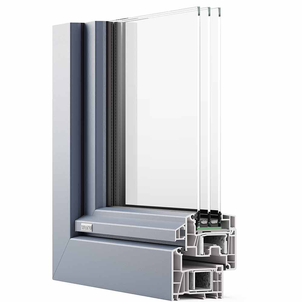 Querschnitt eines modernen Fensterrahmens. Grauer Kunststoffrahmen mit Dreifachverglasung.