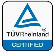 Logotipo de certificación TÜV Rheinland: triángulo azul dentro de un marco cuadrado blanco y azul, con el texto